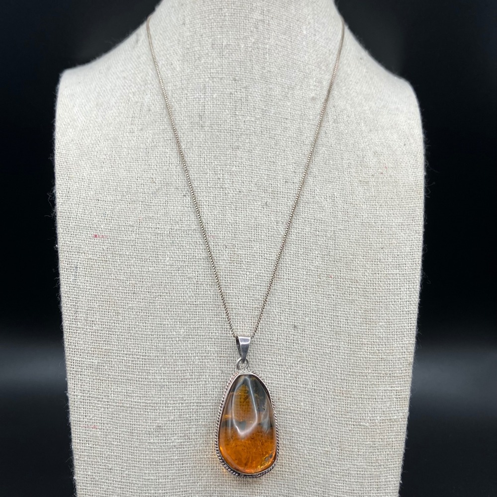 Sterling Silver Amber Pendant Necklace Chunky Teardrop 18"